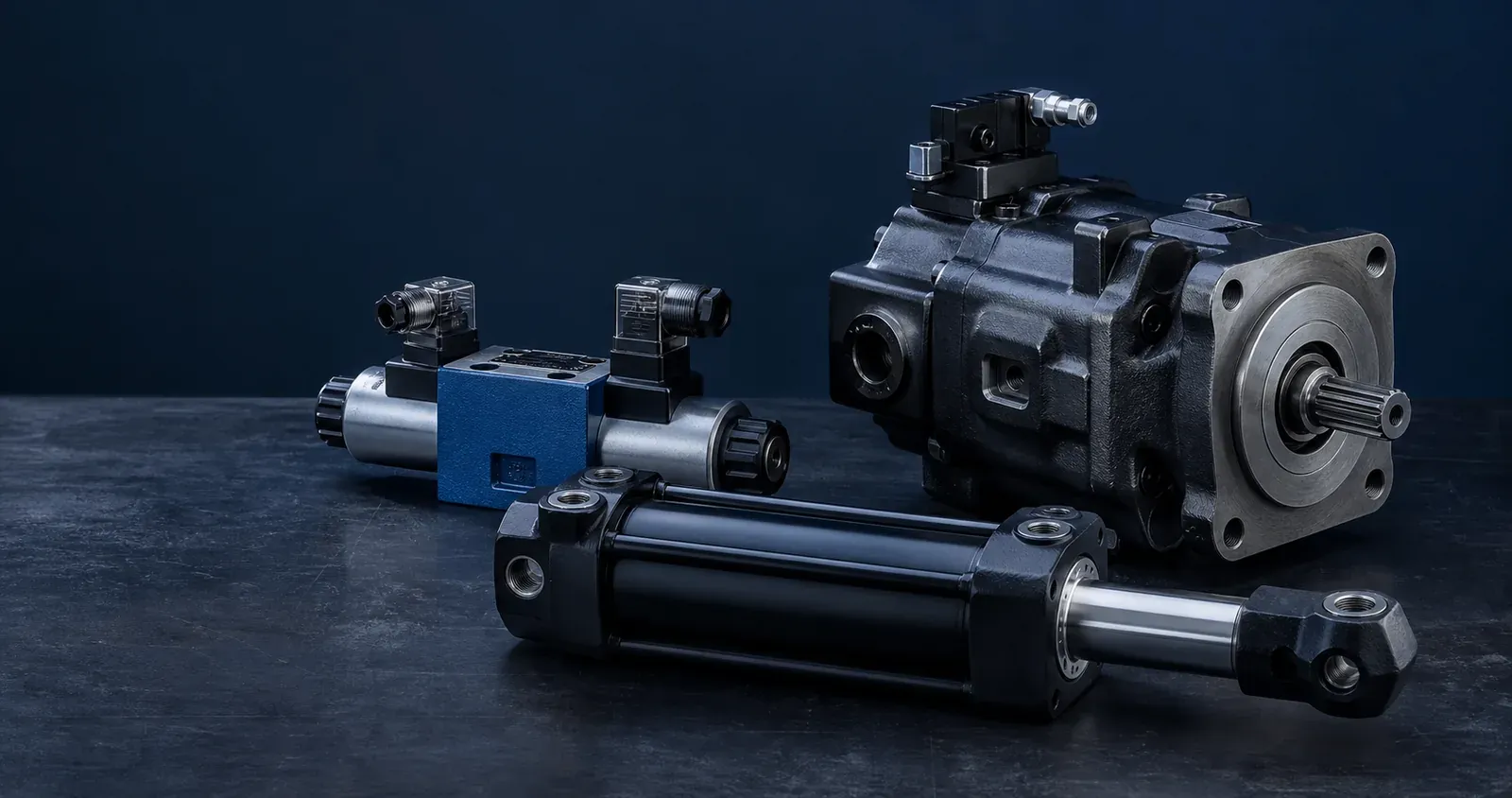 Unbranded hydraulic directional valve, piston pump and cylinder arranged for technical sourcing review